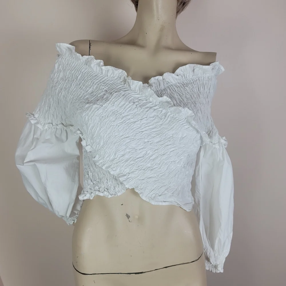 Zara White Smocked Wrap Crop Top 100% Cotton Size Medium
